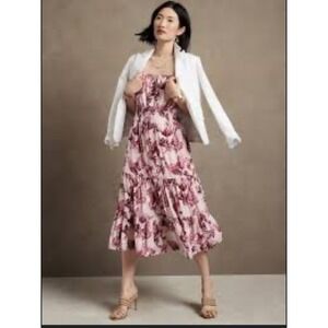 Banana Republic Floral Tiered Midi Dress Spaghetti Straps Pink Purple brunch M